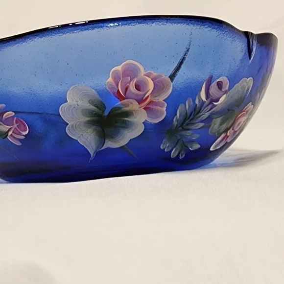 HANDPAINTED Cobalt Blue Bowl Floral Serving Dish Large Butterfly Roses Dimpled - Picture 14 of 14